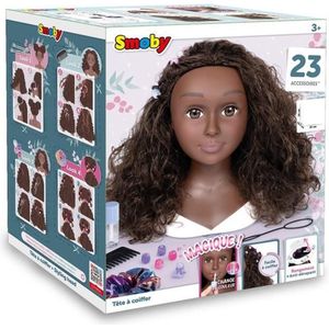 Smoby - Afro-haarstylinghoofd - Gemakkelijk te stylen - 23 realistische accessoires - Warmtegevoelige lippen - Opbergluik