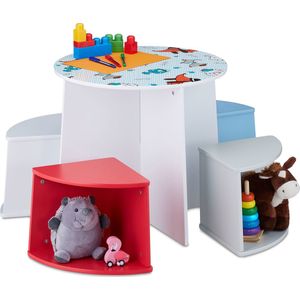 Relaxdays kindertafel en stoeltjes - ronde speeltafel met 4 kinderkrukjes - kindermeubels
