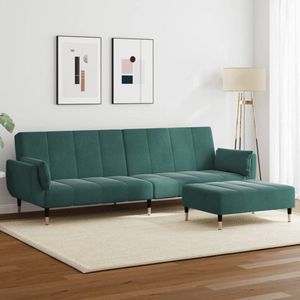 vidaXL Slaapbank 2-zits met voetenbank - Fluweel - Groen Slaapbank - Sofa Bed - Tweepersoonsbed - Lounge Meubilair - Donkergroene Bank