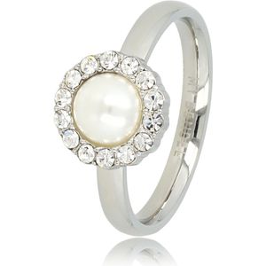 My Bendel - Ring zilverkleurig met zirkonia steentjes en witte parel - Zilverkleurige ring met een ronde witte parel versierd met zirkonia steentjes - Met luxe cadeauverpakking