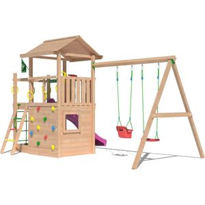 Jungle Gym Speeltoestel van Douglas Hout - Jungle Cavern met Roze Glijbaan - Tuin Speeltoestel voor buiten met Zandbak, Schommel en Speelhuisje