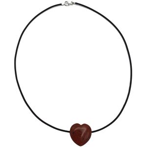 H-Beau - Halsketting – Edelsteen – Natuursteen - Rode - Jaspis – Hartje - Tiener - Rubber – Choker – Dames - 38cm - Gepolijst - Rood - Sterrenbeeld – Ram – Schorpioen - Collier – Geschenk – Meisje – Cadeau - Hanger