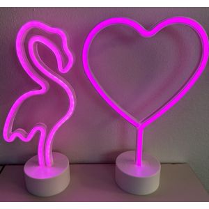 LED flamingo en hart met neonlicht - Set van 2 stuks - roze neon licht - hoogte 29.5 x 14.5 x 8.5 cm / 29.5 x 20 x 8.5 cm - Werkt op batterijen en USB - Tafellamp - Nachtlamp - Decoratieve verlichting - Woonaccessoires