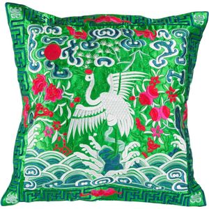 Fine Asianliving Kussenhoes Volledig Geborduurd Groen Kraanvogel 45x45cm Zonder Vulling