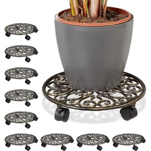 JGS® - Luxe Plantenroller Set van 10, Gietijzer & Weerbestendig, Ronde Bloempot Onderzetter, Diameter 33,5 cm, Brons -