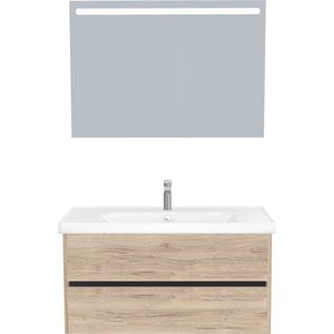 Jena Badkamermeubel Set 100 cm Duitse Eik - Onderkast MDF Softclose Greeploos 2 lades met Keramische Wastafel 1 kraangat en Badkamerspiegel met Led-verlichting