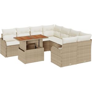 vidaXL - 9-delige - ligbed - set - met - kussens - in - beige - poly - rattan