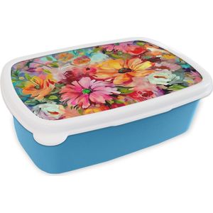 Broodtrommel Blauw - Lunchbox - Brooddoos - Bloemen - Kleurrijk - Kunst - Olieverf - 18x12x6 cm - Kinderen - Jongen