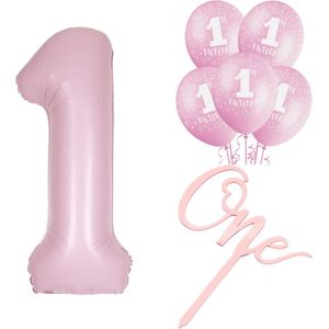 7-delige eerste verjaardag set met roze ballonnen en taart topper One - cakesmash - eerste verjaardag - one - taart topper - ballon