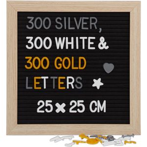 Relaxdays letterbord hout - memoboard 25 cm - tekstbord vierkant - 900 tekens - zwart