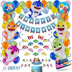Fissaly 82 Stuks Shark Verjaardag Versiering – Haai Themafeest Decoratie – Inclusief Feest Ballonnen, Slingers, Toppers, Maskers & Accessoires – Baby Kinderfeest