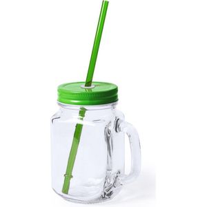 1x stuks Glazen Mason Jar drinkbekers groene dop en rietje 500 ml - afsluitbaar/niet lekken/fruit shakes