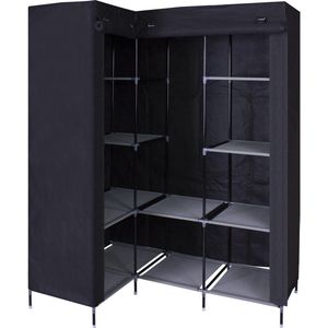 HK1Z Opvouwbare Kledingkast – B126 x D40 x H170 cm – 9 Legplanken – Stalen Frame - 90KG Draagkracht – Stoffen Garderobekast – Legkast Hoekmodel – Kampeerkast – Zwart