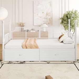 PugsdrlySlaapbank van ijzer 90*200, rugleuning en armleuningen van net in vintage stijl, omgeven door hoge steunen, metalen structuur met opbergvakken, eenpersoonsbed van ijzer, bed voor tieners, wit