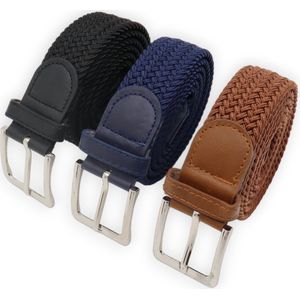 105 cm - Elastische broekriem Stretch riem Vlecht riem Gevlochten riem Elastiek riem - unisex - Kleur 1-Blauw 2-Cognac 3-Zwart 3 pack deal van JVS bags