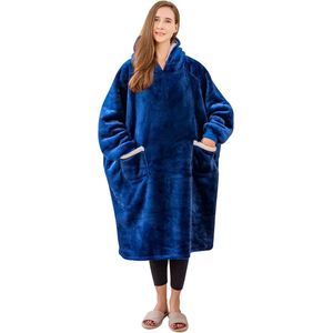 Sherpa-hoodiedeken met mouwen draagbare knuffeldeken met capuchon, extra grote deken om te dragen, voor dames, volwassenen, heren als cadeau, warme deken met dikke mouwen, marineblauw, 130 x 82 cm