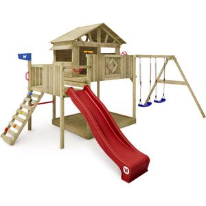 WICKEY speeltoestel klimtoestel Smart Peak met schommel & rood glijbaan, outdoor kinderspeeltoestel met zandbak, ladder & speelaccessoires voor in de tuin