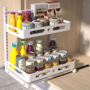 KKC Under Sink Shelf, Kitchen 2-Tier L-shaped Storage Space Under Sink Organiser, Height Adjustable with Sliding Drawer, Rustproof Cabinet Worktops, Extendable Spice Rack