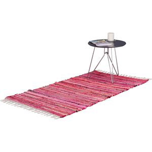 Vloerkleed laagpolig 70 x 140 cm met franjes meerkleurig smal van polyester en katoen loper tapijt rood - Relaxdays langwerpig hoogpolig vloerkleed vloerkleed