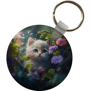 Sleutelhanger rond - Kat met bloemen - Plastic sleutelhangers - Uitdeelcadeautjes meisjes - Cadeautjes meiden - Katten traktatie