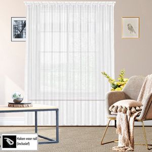 Glow Thuis Kant-en-Klaar Vitrage Gordijn - Voile Materiaal - Wit met Satijnband - Inclusief Haken - 600x265 cm
