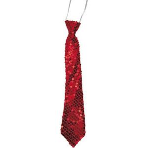 Rode glitter stropdas 32 cm verkleedaccessoire dames/heren - Pailletten/glimmertjes - Rood thema feestartikelen