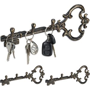 Relaxdays 3x sleutelrekje vintage - sleutel organizer 3 haken- sleutelrek 3 haken brons