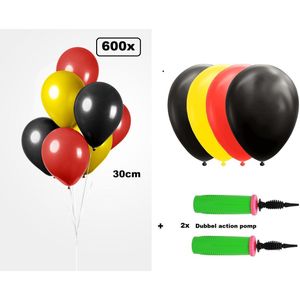 600x Luxe Ballon zwart/geel/rood 30cm + 2x dubbel actie pomp - biologisch afbreekbaar - Duitsland Belgie Oktoberfestfeest party verjaardag landen helium lucht thema