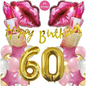 Snoes Mega Beauty Helium Ballonnen Set 60 Jaar - Roze Helium Folieballonnen - Slinger Happy Birthday Goud