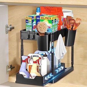 Spoelkastorganizer, 2 etages, keukenonderkast en wastafel, organizer met 4 haken, 2 hangbekers, multifunctioneel keukenrek voor gootsteen, badkamer en kast