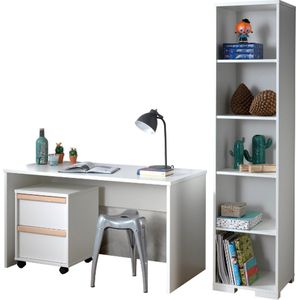 Combinatie London met bureau, rolcontainer en boekenkast-wit/beuk