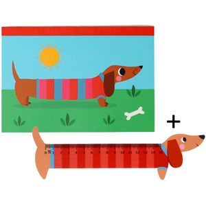 Teckel - hond - notitieschrift - notitieboek - A5 - gelijnd - schrift - teckelafbeelding - houten teckel lineaal - meetlat