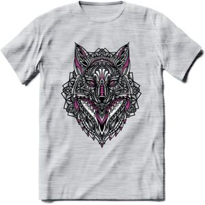 Vos - Dieren Mandala T-Shirt | Roze | Grappig Verjaardag Zentangle Dierenkop Cadeau Shirt | Dames - Heren - Unisex | Wildlife Tshirt Kleding Kado | - Licht Grijs - Gemaleerd - XL