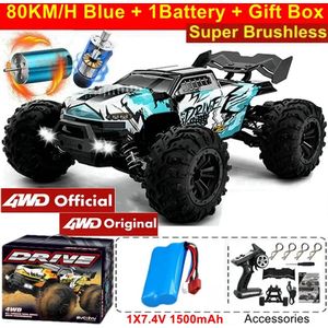 RC Monstertruck - Afstandsbestuurbare Auto - Afstandsbestuurbare Monstertruck - Off Road - Hoge Snelheid Drift Racing - Met Led Verlichting - 4x4 - IPX4 Waterproof - 1 x Batterij - 80 KM/UUR - Schaal 1:16 - Blauw