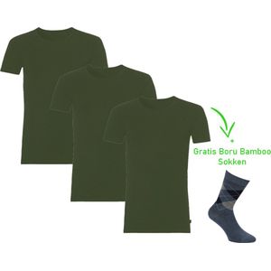 Bamboo T-Shirt - Ronde Hals - Super zacht - Antibacterieel - Perfect draagcomfort - 95% Bamboo - 3 stuks - 1 paar bamboo sokken cadeau - Khaki - M