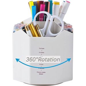 360° Rotatable Penhouder Stand voor Bureau - Schattige Pot Organizer met 5 Webbing Vakken - Make-up Borstelhouder - Bureau Organizer in Wit - Multifunctionele Opberger voor Kantoor, School en Thuis
