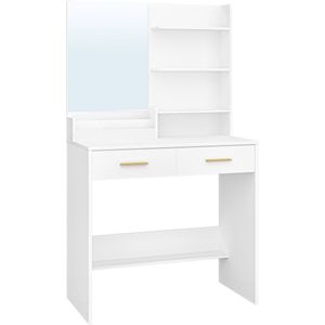 kaptafel,Toiletspiegel, make-uptafel met spiegel, lades en planken, geschikt voor slaapkamer, make-upruimte, kleedkamer, houten minimalistische opbergtafel, geschikt voor diverse inrichtingsstijlen, wit