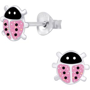 Joy|S - Zilveren lieveheersbeestje oorbellen - glitter roze - 7 x 6 mm