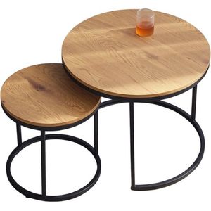 MensStore Salontafel Rond - Bijzettafel Rond - Set van 2 Salontafels - Nordic stijl - Zwart Metaal - Licht Eiken Kleur - 2 Stuks - 60 en 40 CM