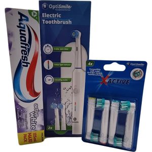 Optismile Elektrische Tandenborstel met Timer - Incl. 2 Opzetstukken - plus 4 extra opzetstukken - 1x Aquafresh tandpasta - Geschikt voor Oral-B Opzetborstels - Ideaal voor op Reis - Wit - Starterspakket