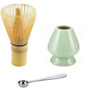 Compleet Matcha thee set - Matcha Klopper - Matcha RVS maatschep - Matcha Chasen Houder Groen - Japanse Theeceremonie - 1 Cup of Perfect Matcha - Bamboe Matcha Whisk - Set van 3