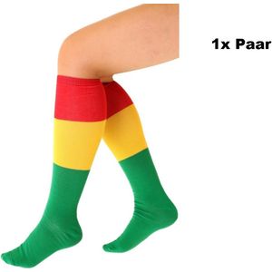 1x Paar Lange Sokken rood geel groen gestreept maat 39-42 - Carnaval thema feest party fun festival Limburg