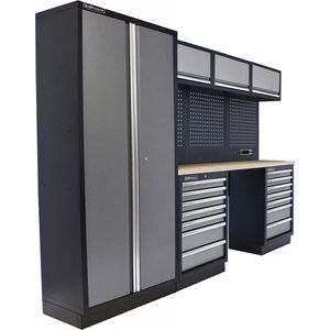 Kraftmeister werkplaatsinrichting - Werkbank met 3 wandkasten, 1 opbergkast en Multiplex werkblad - Werktafel met 14 laden en gereedschapswand - Complete set voor werkplaats of garage - Grijs