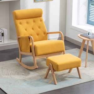 Re-purelife® Schommelstoel Fauteuil met Hocker Ergonomische Hoge Rugleuning & Armleuningen – Linnen Bekleding, Massief Houten Frame, Zachte Hoogwaardige Spons – Ideaal voor Lezen, Koffie of de Babykamer – Draagvermogen 150 kg – Geel