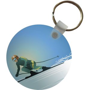 Sleutelhanger - Een illustratie van een skiër op een steile piste - Plastic - Rond - Uitdeelcadeautjes