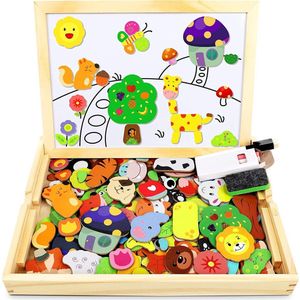 Magneten Speelgoed - Zinaps Magnetische houten puzzel met dubbelzijdig bord, houten speelgoed puzzels kinderen, 110 stuks dier patroon, educatief magnetisch houten speelgoed, creatief educatief speelgoed voor kinderen (WK 02131)