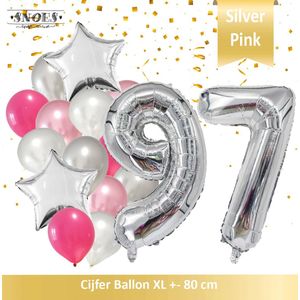 Cijfer Ballon 97 Jaar Zilver Roze White Pearl Boeket * Hoera 97 Jaar Verjaardag Decoratie Set van 15 Ballonnen * 80 cm Verjaardag Nummer Ballon * Snoes * Verjaardag Versiering * Verjaardag Decoratie * Silver Pink Pearl White* Nummer Ballon 97