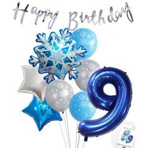 Cijferballon 9 Blauw - Frozen - Ijssterren - Ballonnen Pluspakket - Slinger Feestvieren - Verjaardag Snoes
