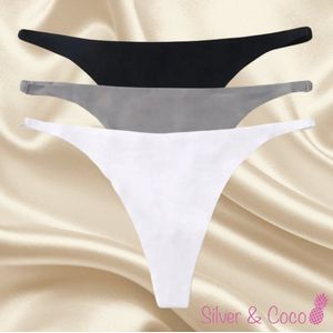 SilverAndCoco® - 3 Stuks Naadloze Strings / Seamless String Onderbroek Dames / Zacht Brazilian Slipje / Naadloos Stretch Ondergoed Vrouw / Strings Dames Lingerie Broekje Slip Black - Zwart / Grijs / Wit Large