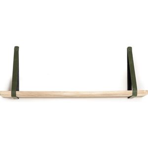 Wandplank Suar hout - 160cm x 17,5cm x 3cm incl. groene leren dragers